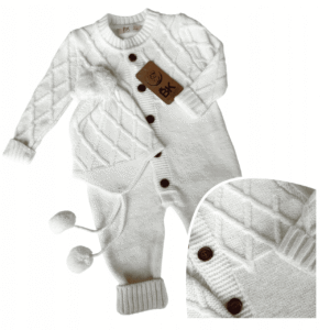 Pieno baltumo megztas kombinezonas, 56-74 cm.