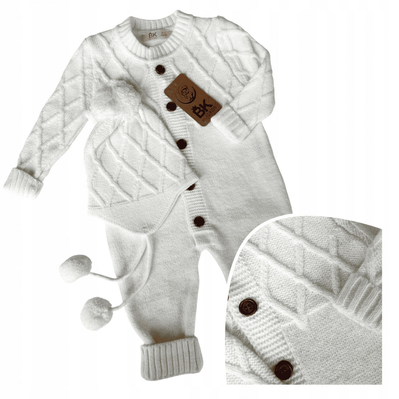 Pieno baltumo megztas kombinezonas, 56-74 cm. 2 Pieno baltumo megztas kombinezonas, 56-74 cm.