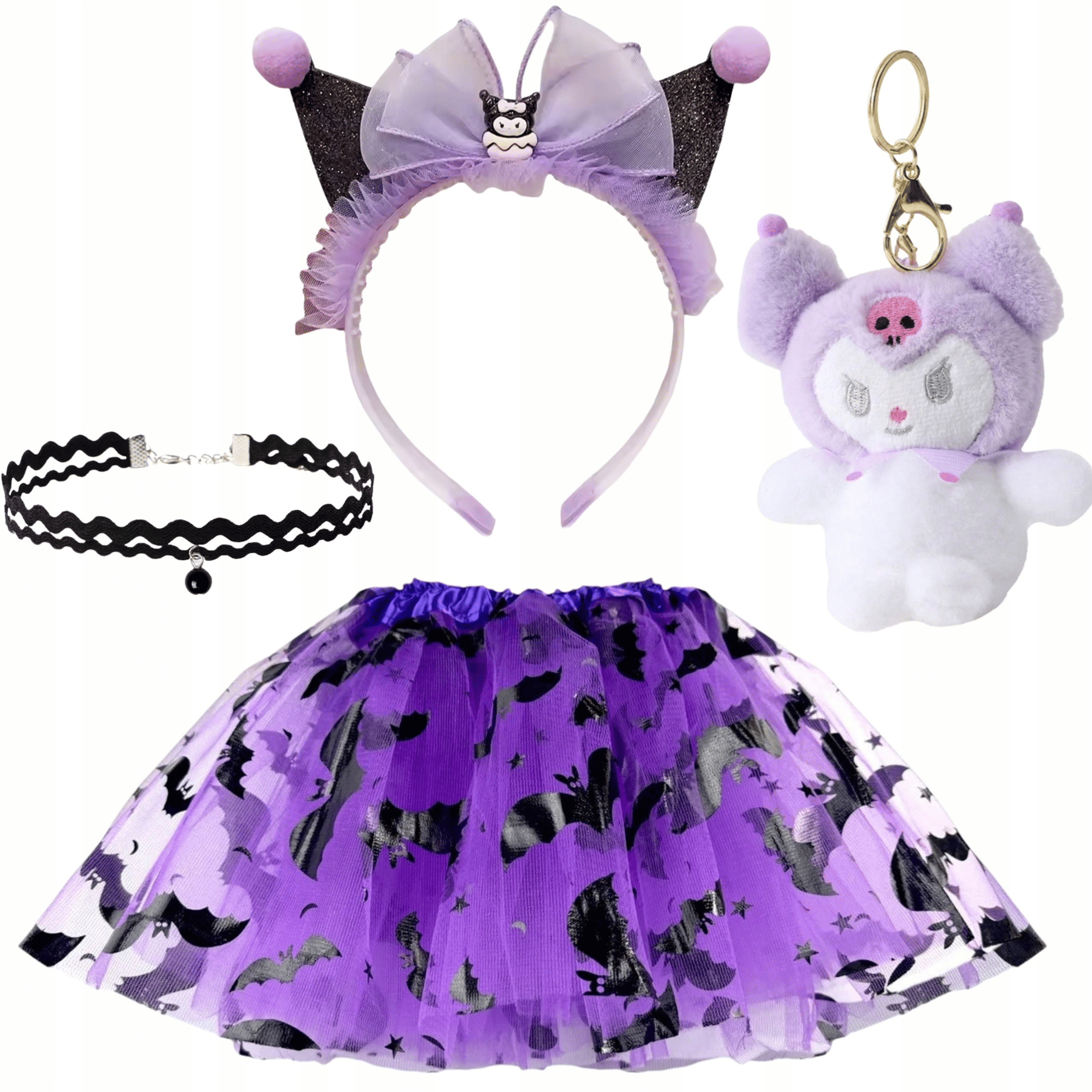 Kuromi kostiumas, 98-116 cm. 3 Kuromi kostiumas - tiulio sijonas, ausytės, kaklo papuošalas ir raktų pakabukas. Puikus pasirinkimas Helovinui, fotosesijoms ar teminiams vakarėliams.