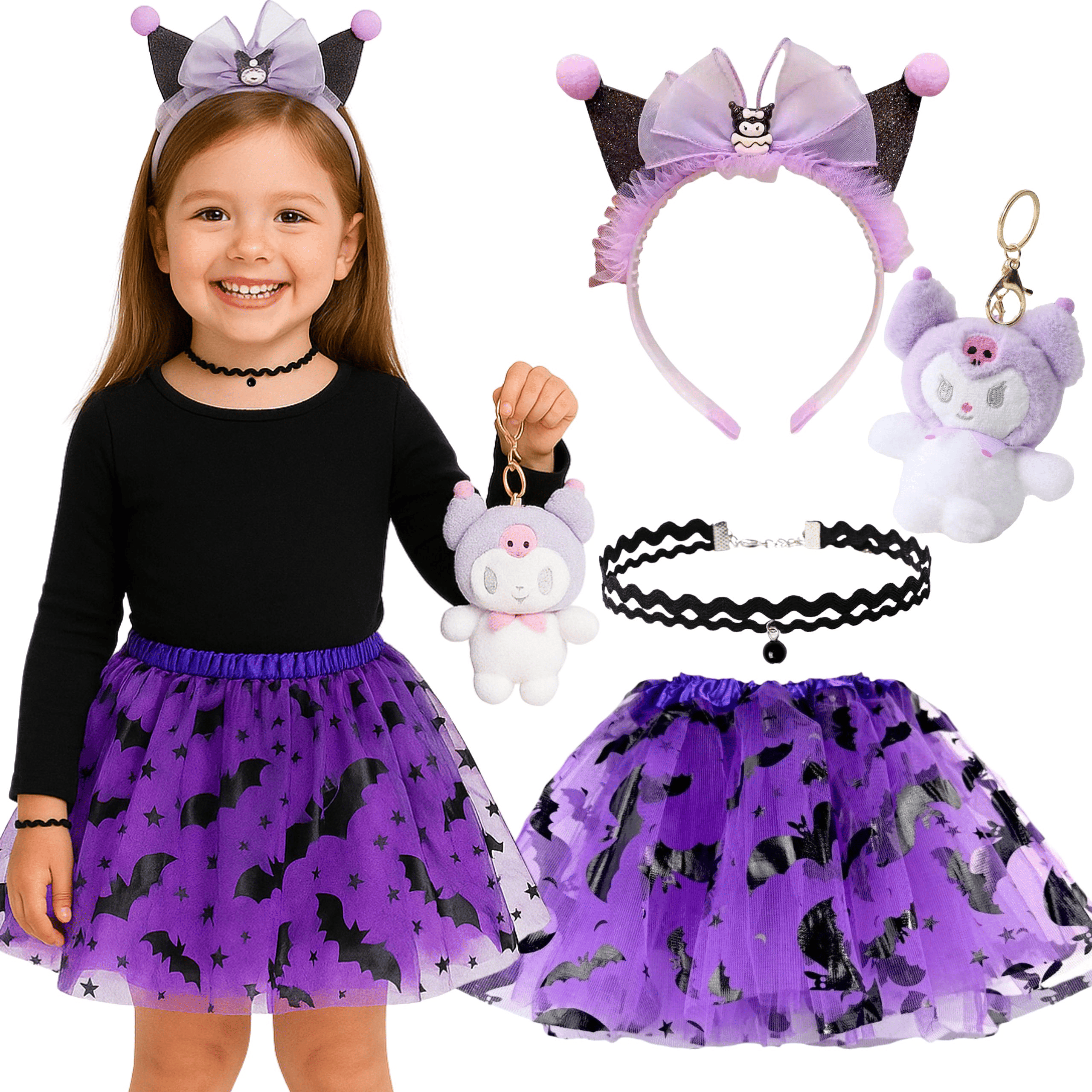 Kuromi kostiumas, 98-116 cm. 1 Kuromi kostiumas - tiulio sijonas, ausytės, kaklo papuošalas ir raktų pakabukas. Puikus pasirinkimas Helovinui, fotosesijoms ar teminiams vakarėliams.