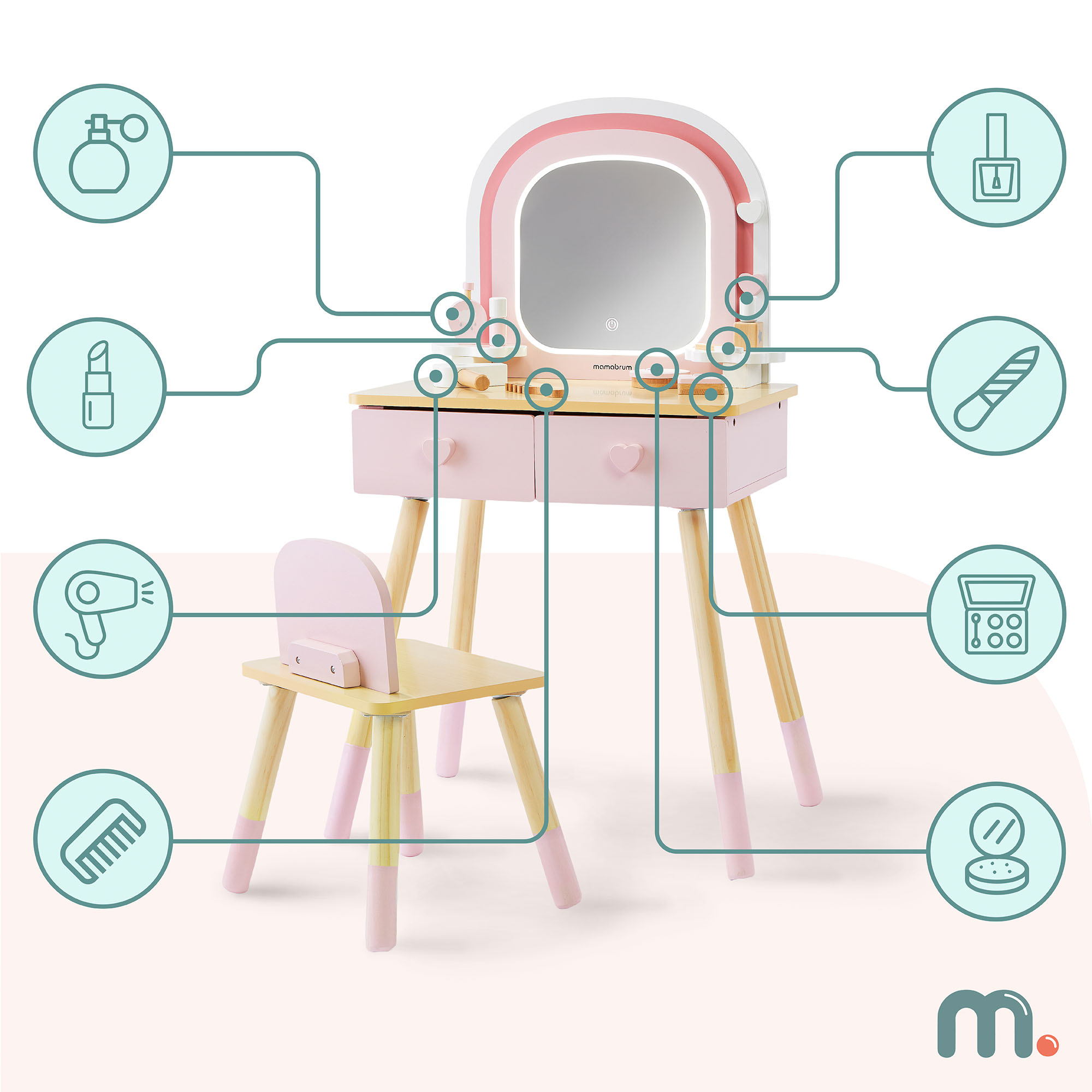 LED Kosmetinis staliukas mergaitei, 3+ 13 LED Kosmetinis staliukas mergaitei