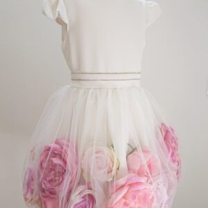Balta proginė suknelė mergaitei su gėlėmis, 98-158 cm.