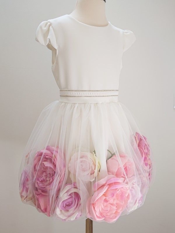 Balta proginė suknelė mergaitei su gėlėmis, 98-158 cm. 1 Balta proginė suknelė mergaitei su gėlėmis, 98-158 cm.