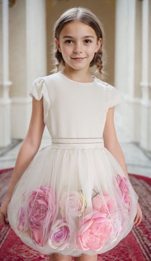 Balta proginė suknelė mergaitei su gėlėmis, 98-158 cm. 2 Balta proginė suknelė mergaitei su gėlėmis, 98-158 cm.