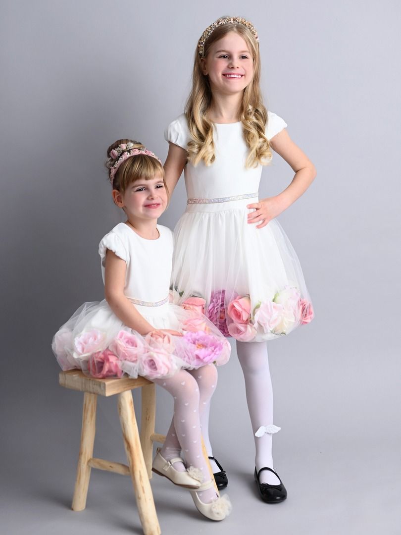 Balta proginė suknelė mergaitei su gėlėmis, 98-158 cm. 6 Balta proginė suknelė mergaitei su gėlėmis, 98-158 cm.