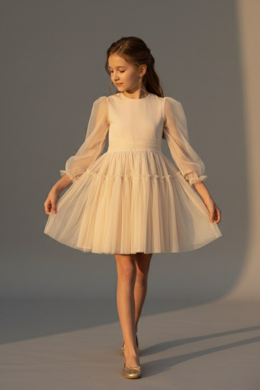 Smėlio spalvos tiulio suknelė mergaitei, 128-158 cm. 3 Smėlio spalvos tiulio suknelė mergaitei, 128-158 cm.