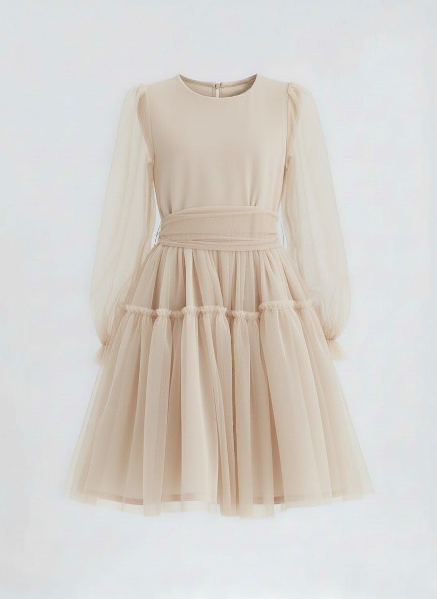 Smėlio spalvos tiulio suknelė mergaitei, 128-158 cm. 1 Smėlio spalvos tiulio suknelė mergaitei, 128-158 cm.