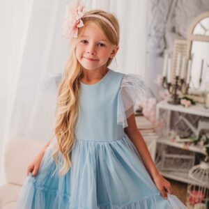 Tiulio suknelė mergaitei žydra, 128-158 cm.